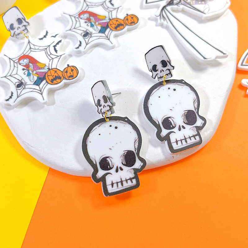 12g Weight Drop Earrings Classification 1 Pair Halloween Hip-Hop Punk Pumpkin Spider Web Skull Arylic Drop Earrings