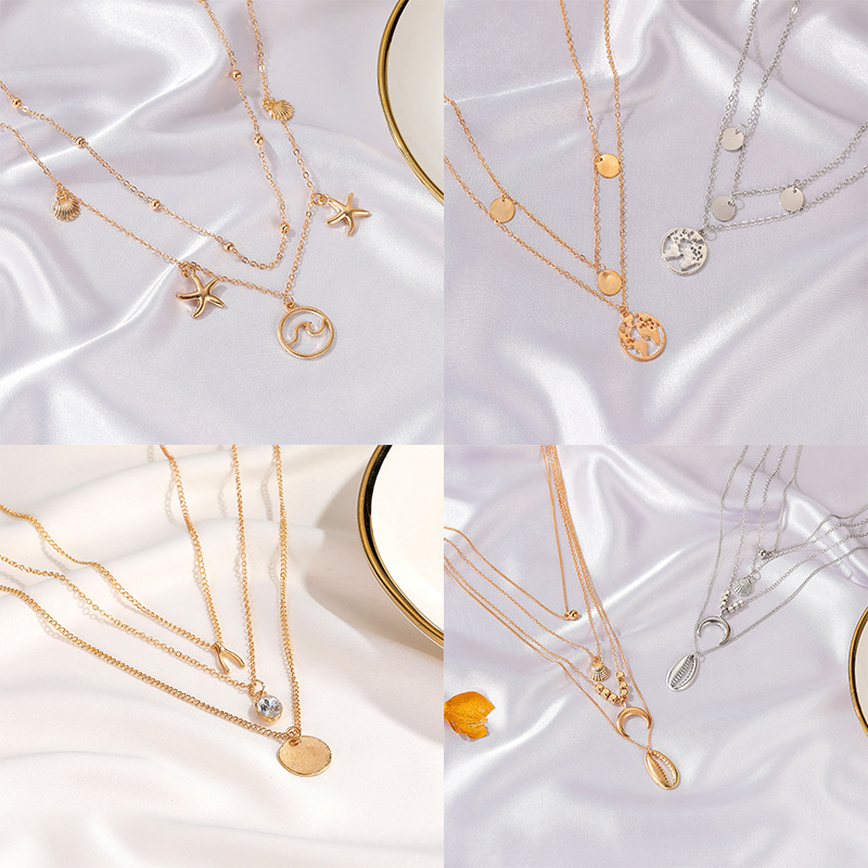 Cross-Border New Double-Layer Shell Necklace, Retro Simple Multi-Layered Necklace, Starfish Butterfly Pendant Necklace