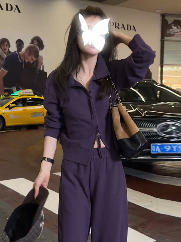 紫色气质时尚运动套装女春秋小个子修身休闲连帽卫衣阔腿裤两件套|undefined
