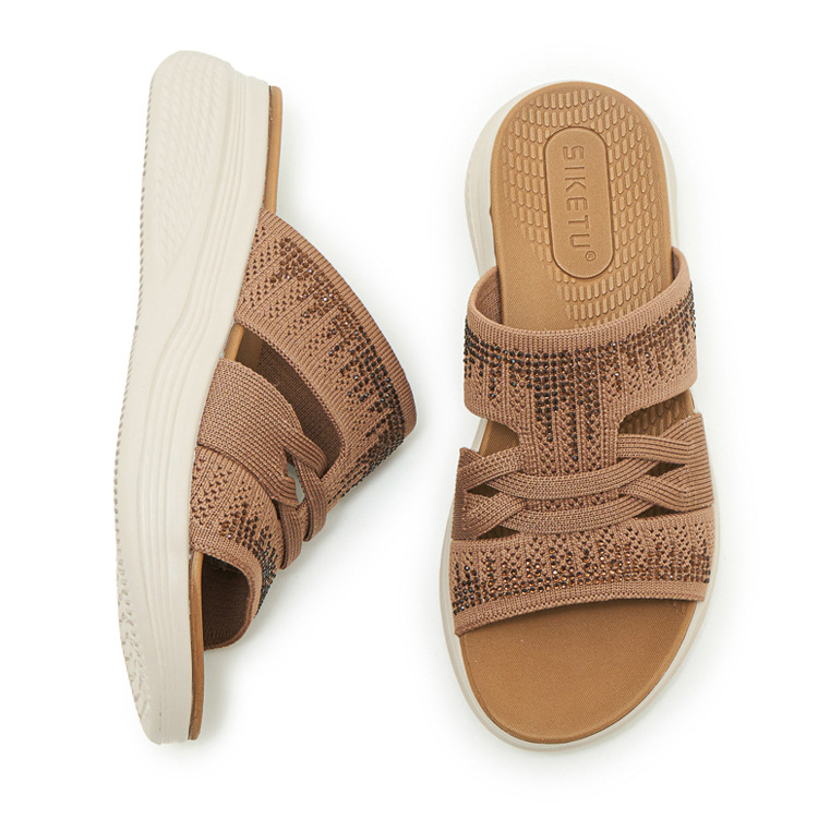 Dép sandal nữ xỏ ngón đế bệt đính đá lấp lánh — màu nâu, màu đen, xanh lam, màu mơ chi tiết 41