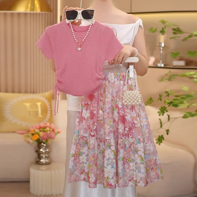 Girls Floral Skirt Suit Summer 2025 New Kidsren's Summer Dress Girl Waist T-Shirt Two-Piece Set Western Style