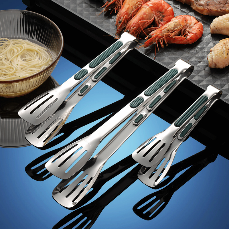 不锈钢食品夹子304烧烤夹硅胶食物夹 厨房韩式烤肉牛排面包夹批发