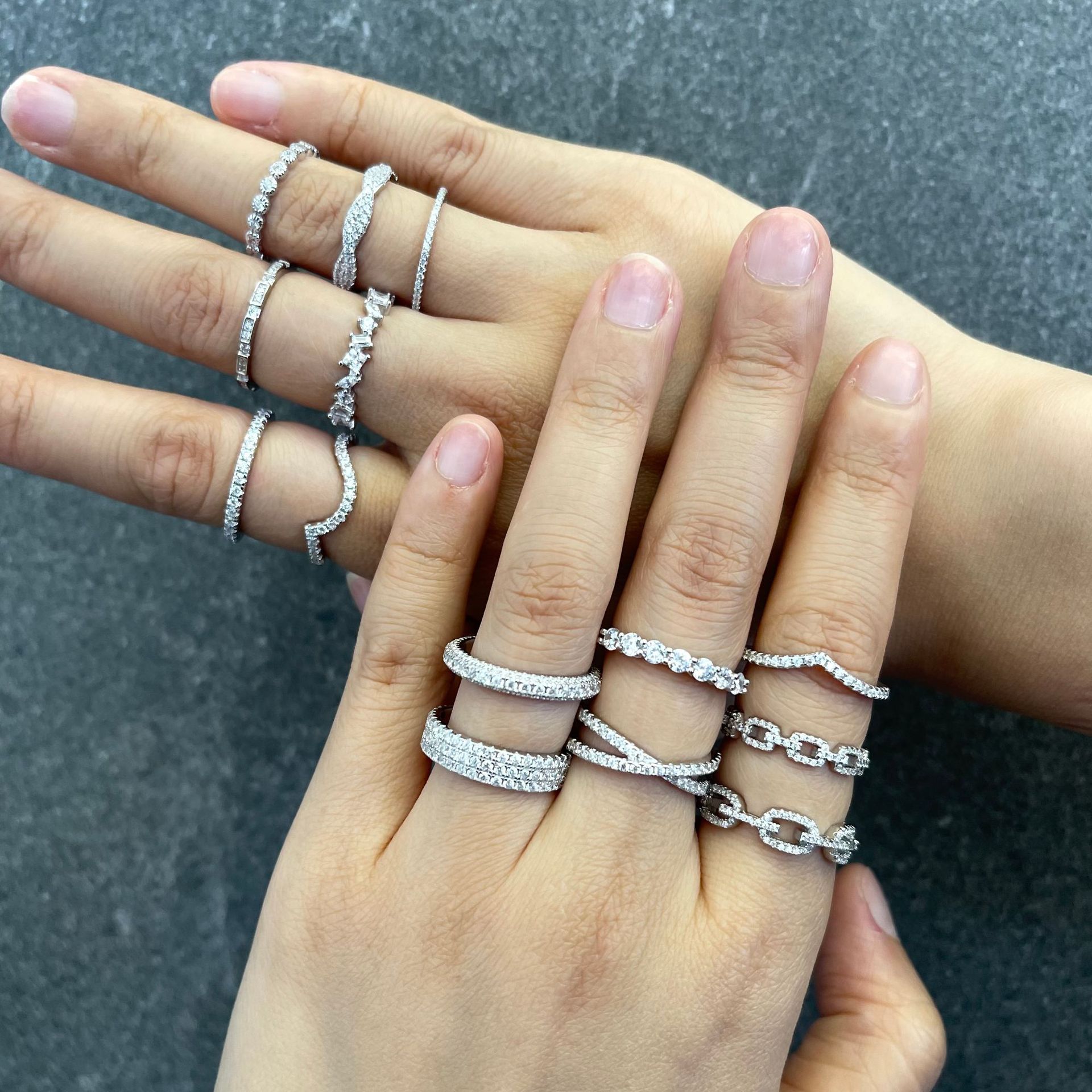 S925純銀戒指女滿鑽鋯石組合疊戴排戒排鑽戒指食指尾指細戒亞馬遜