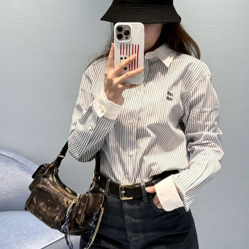 Correct Version Miu Miu 2025Fw Autumn and Winter New Letter Embroidery Striped Lapel Shirt Amazon Cross-Border