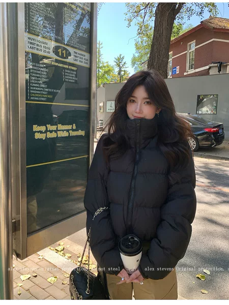 Short cotton-padded thickened puffer jacket for women, winter solid color, stand-up collar, casual, versatile, cold-proof, Korean style