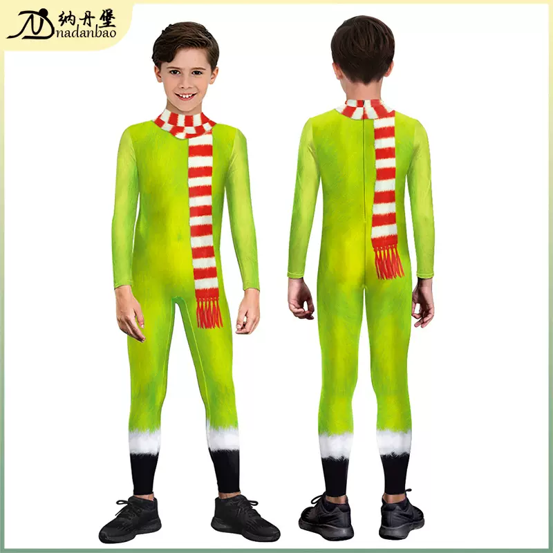 欧美跨境儿童圣诞表演服cos绿毛怪角色扮演服装数码印紧身连体服