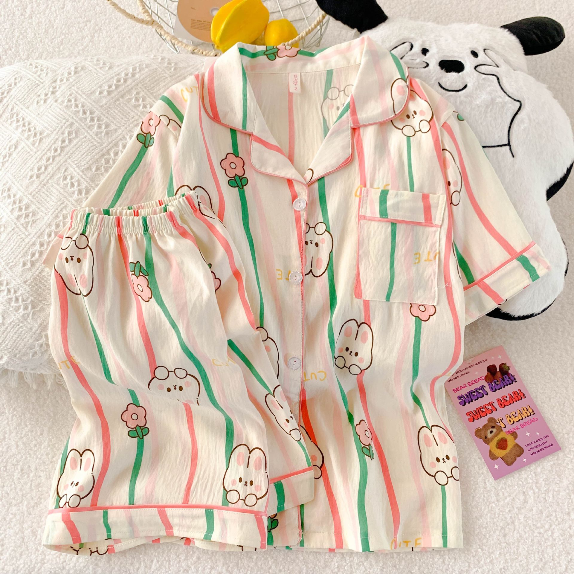 Al por mayor transfronterizo explosión de verano nubes cardigan solapa pijamas de niña dulce mangas cortas pantalones cortos set de ropa para el hogar