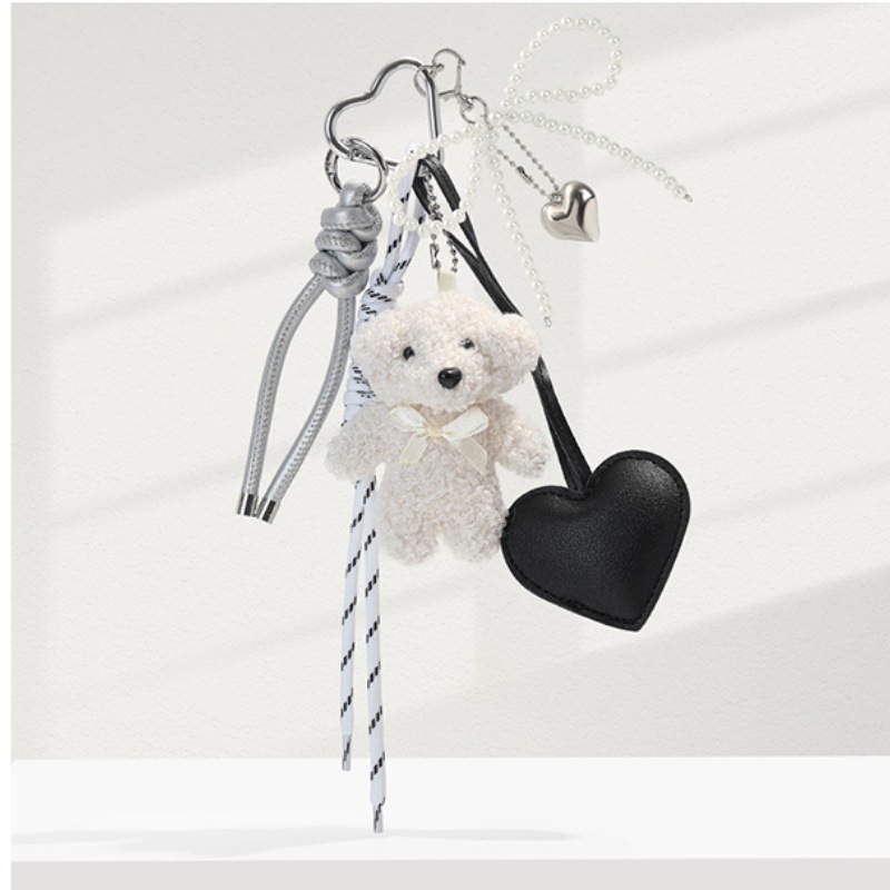 Corazón encantador de una niña pequeña oso blanco perlas de plata bolsos colgantes de arco de cuero amor colgantes de llaveros de aspecto super