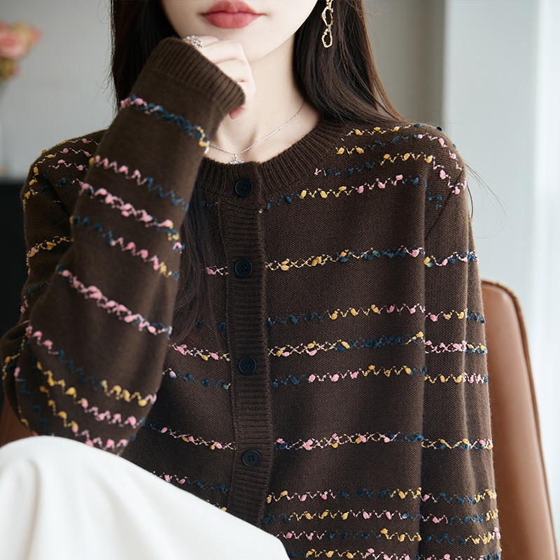 时尚咖色小衫上衣女早秋甜美提花圆领针织衫开衫外套上衣女装毛衫|undefined