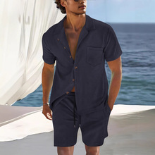 欧美亚马逊新款男士翻领衬衫套装夏季纯色竖条纹短袖短裤两件套