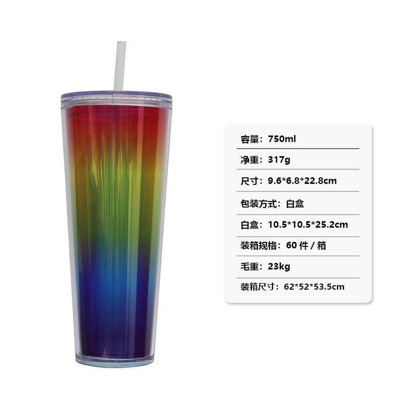 750ML创意时尚随手水杯 双层塑料杯加工印logo大容量无边框吸管杯|undefined