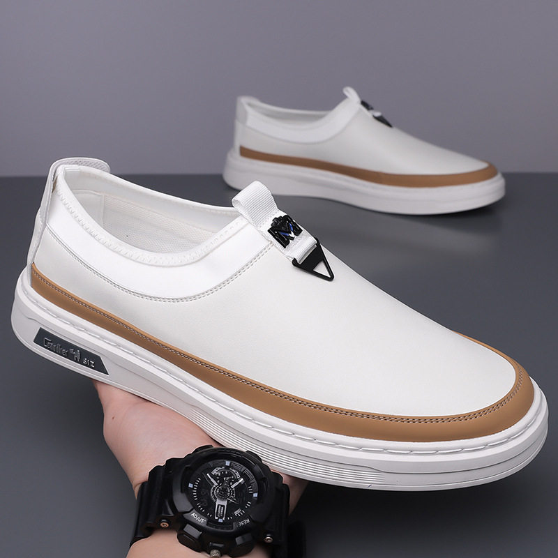 Giày sneaker nam cổ thấp dáng giày ván, mũi tròn, dây buộc, mặt da mềm — GX367 màu trắng, GX367 màu đen