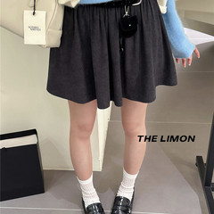 the limon柠檬绿茶2025秋季设计感松紧腰灯芯绒压褶半身裙女短裙