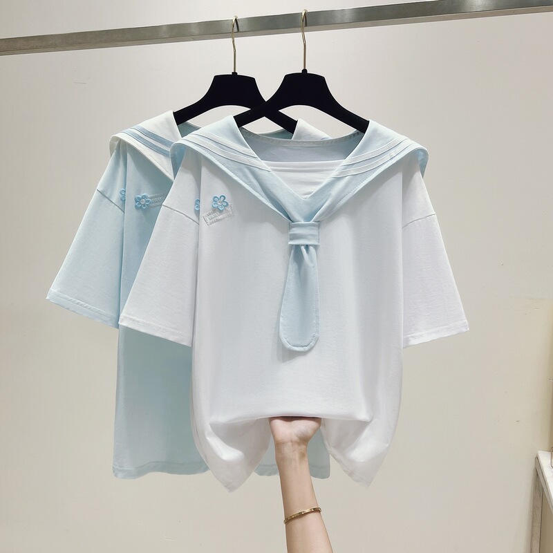 European Station Real Shot of Summer 2026 New Korean Style Sweet College Style Navy Doll Collar Short-Sleeve Top for Women in White European Station Real Shot of Summer 2026 New Korean Style Sweet College Style Navy Doll Collar Short-Sleeve Top for Women in White
