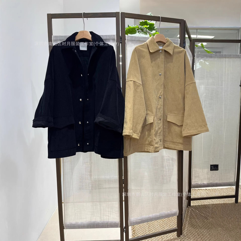 Minimalist Niche Style Loose Casual Workwear Washed Corduroy Drop Shoulder Turn-Down Collar Hidden Button Oversized Trench Coat