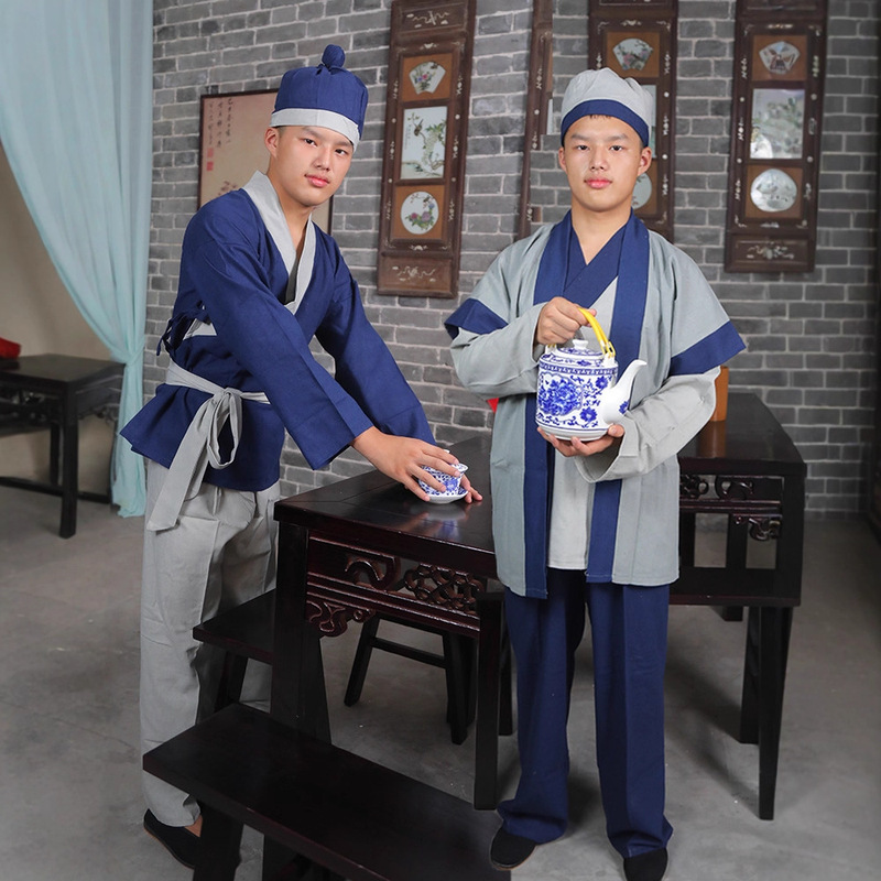 Ancient Civilian Hanfu Traditional Cloth Costume Store Waiter Clothing Republic of China Farmer Performance Attire for Men and Women