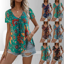 跨境欧美女装2026夏季wishebay亚马逊印花V字领短袖夏季女装T恤
