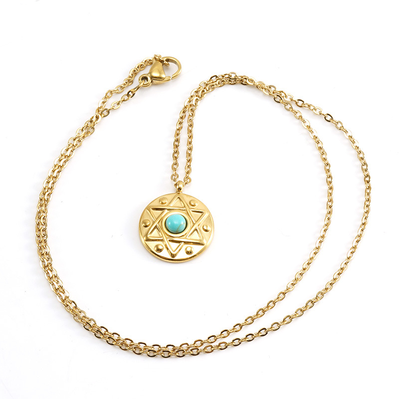 1 Piece Simple Style Pentagram Round Stainless Steel Titanium Steel Plating Inlay Turquoise Pendant Necklace_colorza_4