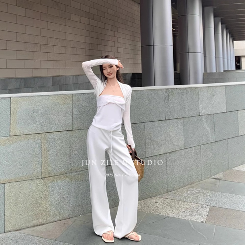 Women's Summer Suit Knitted Tube Top Vest Top Long-Sleeved Sun Protection Shawl Cardigan Drawstring Straight Casual Pants