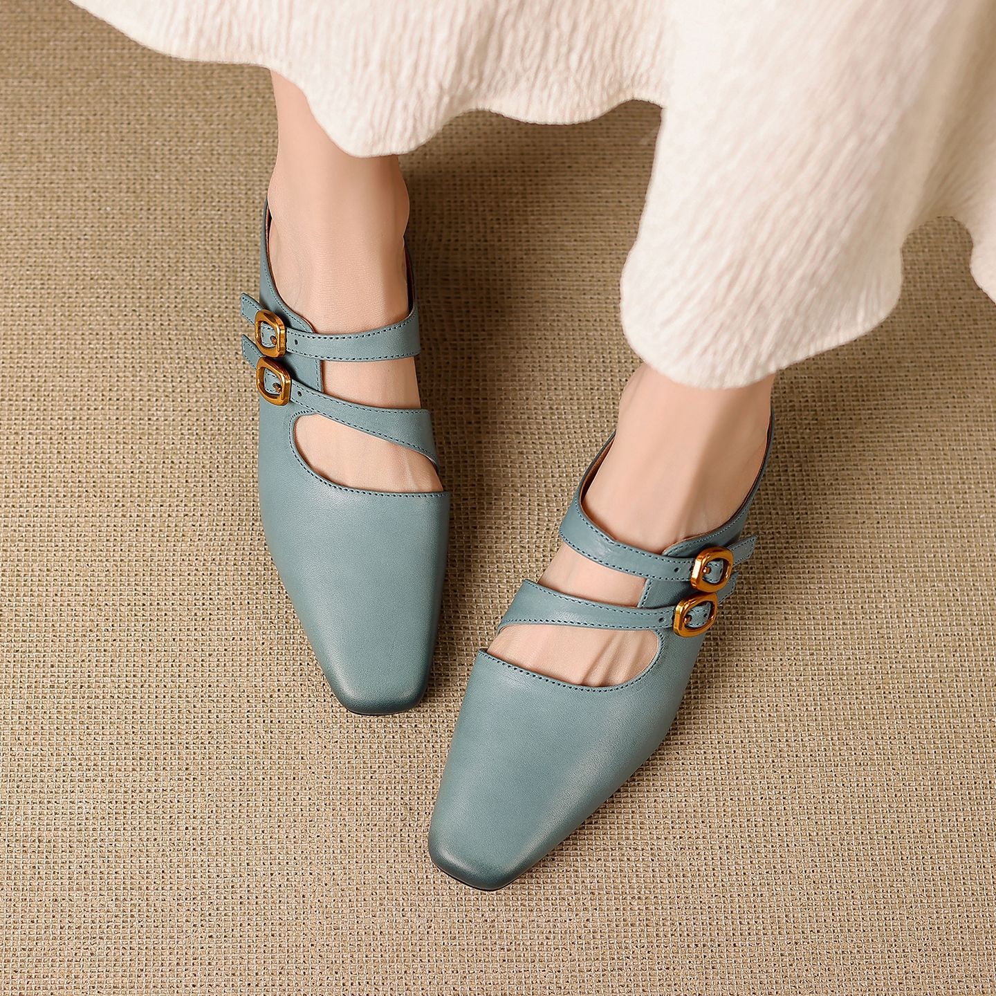 Sandal nữ quai ngang gót vuông ổn định, da bò thật, khóa sau, phong cách Muller — đen