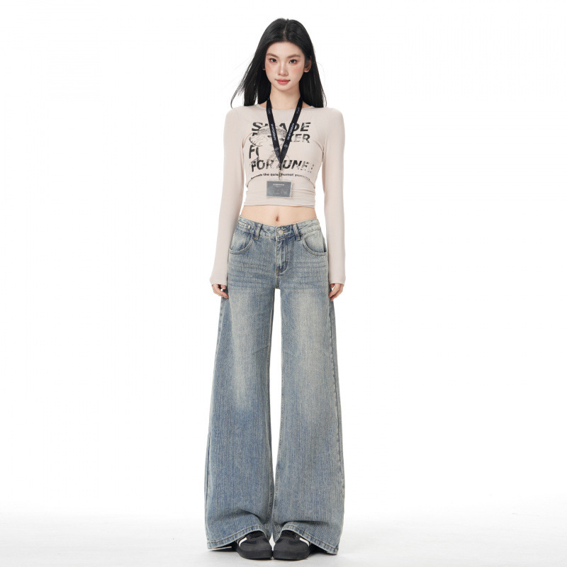 American Retro｜Bamboo Denim Fabric｜Loose Wide-Leg Jeans for Women