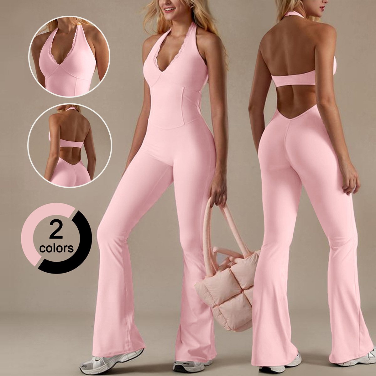 2025 New Cross-Border European and American Lace-Trimmed Halter Neck Yoga Wear Moisture-Wicking Nylon Sports Jumpsuit with Flared Pants