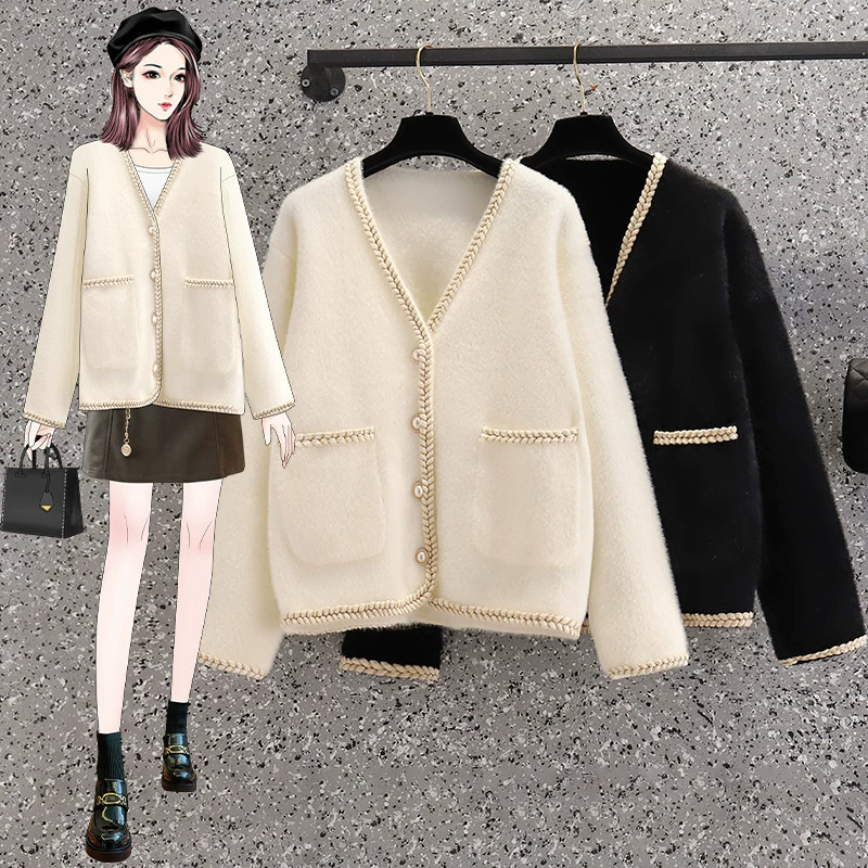 Новая осенне-зимняя коллекция 2024: Жакет в корейском стиле, свободный крой, с золотой отделкой, из искусственного меха норки, в стиле Chanel. Вязаный кардиган для женщин.