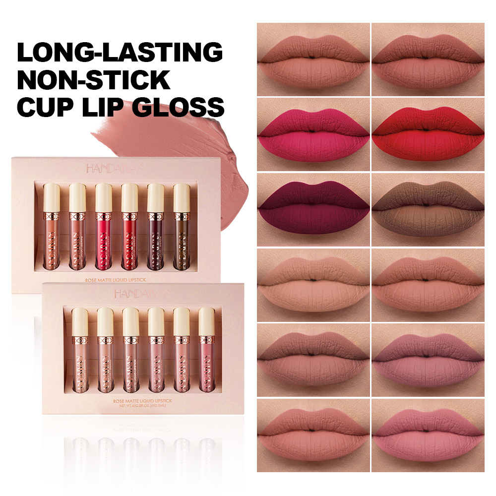 Brillo Labial Mate Transfronterizo, 6 Piezas, Antiadherente, Mate, HANDAIYAN, Brillo Labial Líquido Rosa, Juego de Brillo Labial al por Mayor