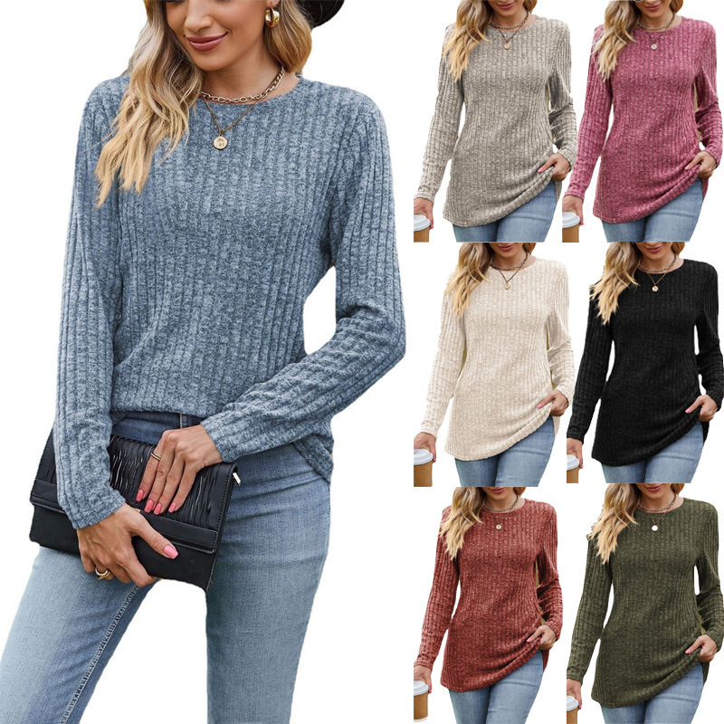 2024 Cross-Border Autumn New Women's Clothing Amazon Women's Round Neck Brushed Pit Solid Color Top Long Sleeve T-Shirt