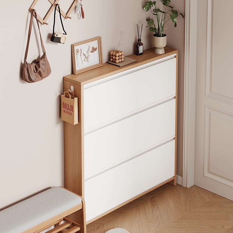Solid Wood Ultra-Thin Shoe Cabinet for Home Entrance 2025 New Model Entryway Hallway Small Narrow Flip Rack