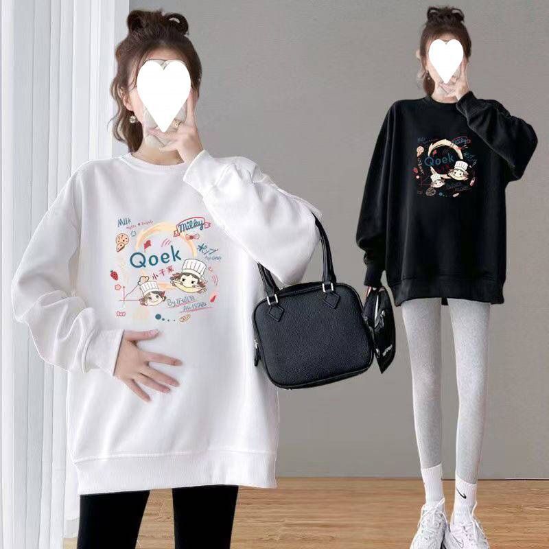 (2개) 임산부용 슈트 스웨트셔츠 여성용 대형 사이즈 느슨한 새로운 가을과 겨울 플러스 벨벳 두꺼워진 중간 및 긴 엉덩이 감싸는 아우터웨어 상의