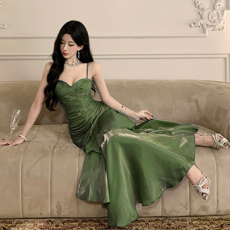 Ready Stock Retro Green Dress Christmas Bestie Party Birthday Party Dress Adult Ceremony Dress