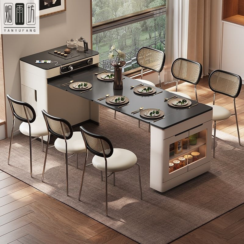 Italian-style island table and dining table integrated for home use, extendable and foldable, suitable for various sizes of homes, with sideboard and multifunctional island table