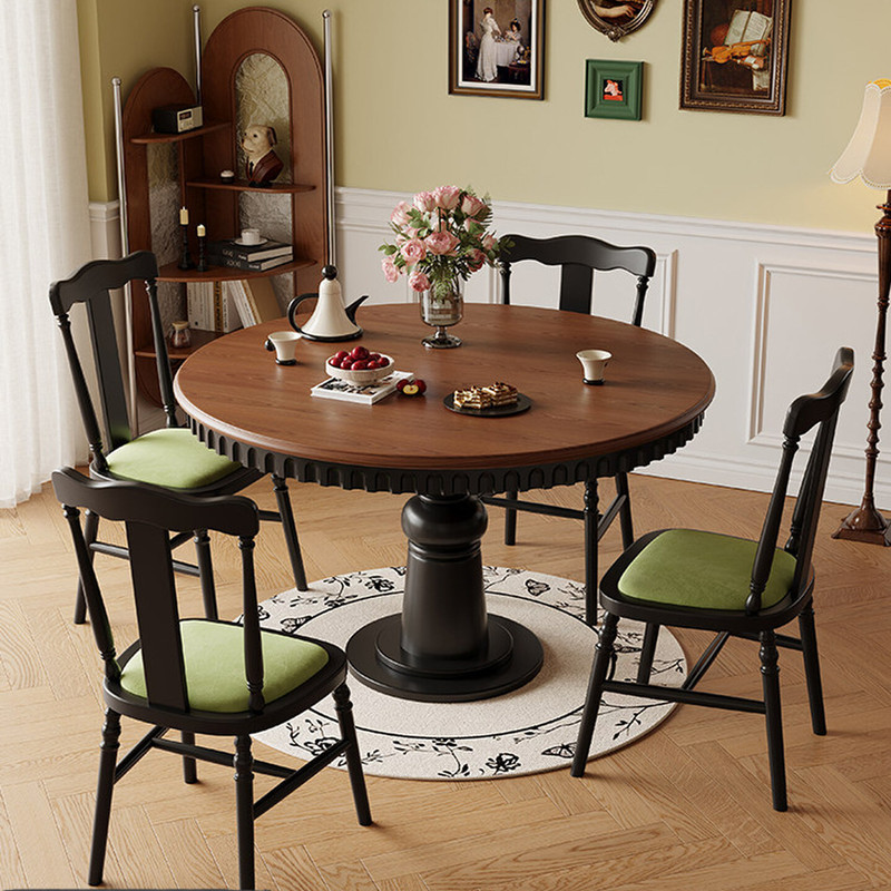 Retro Solid Wood Dining Table, Household Round Table, Mid-Century Style Small Apartment Dining Table and Chair Set, High-Quality French-Style Dining Table