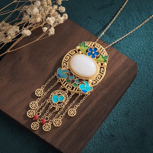 Rogue live supply Chinese ancient style accessories ancient gold plating enamel painted Hetian jade retro tassel necklace for women