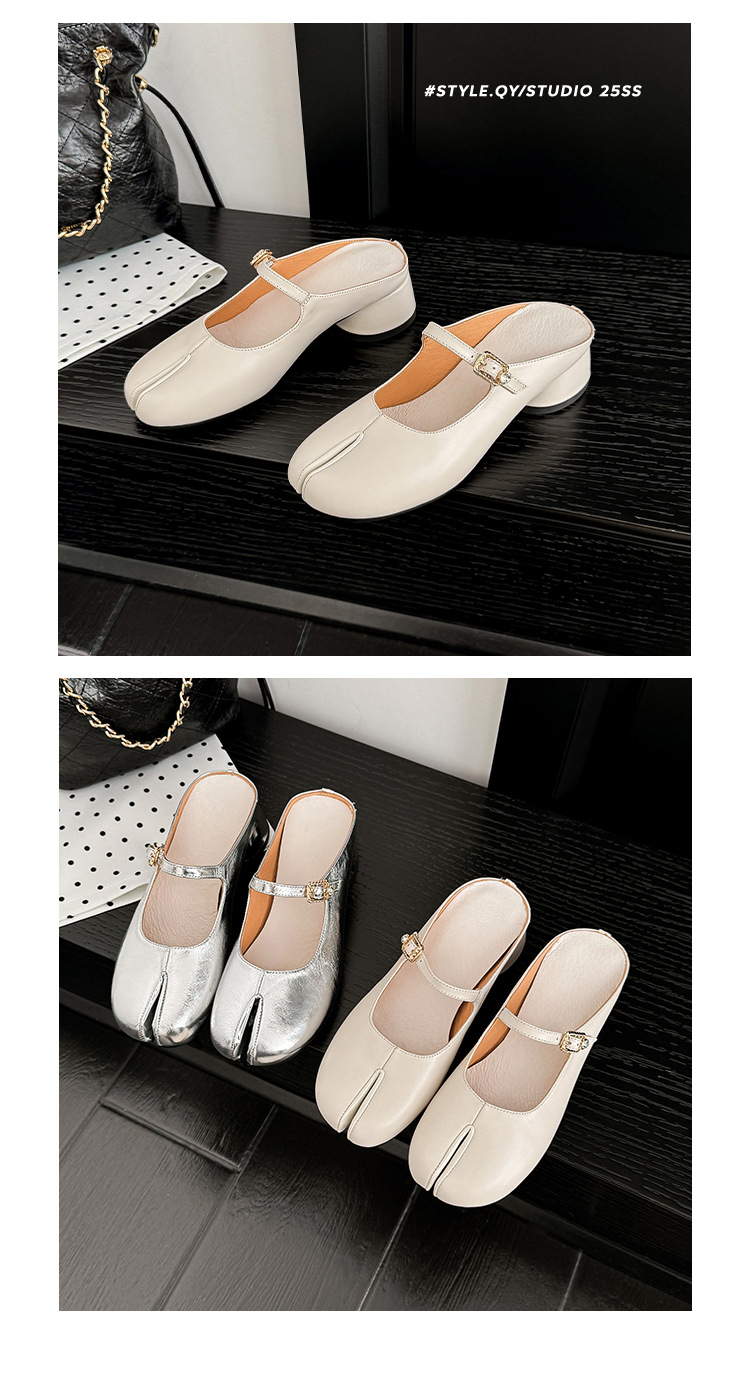 Mule nữ gót thấp quai ngang một khóa, mũi nhọn hở gót, phong cách lười biếng — màu trắng ngà, bạc chi tiết 16
