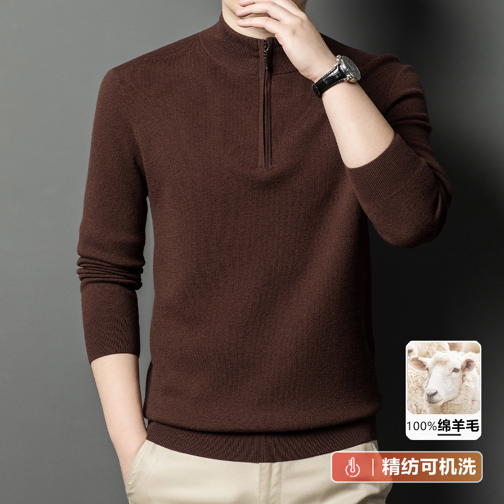 Woolen solid color keep warm sweater with zipper