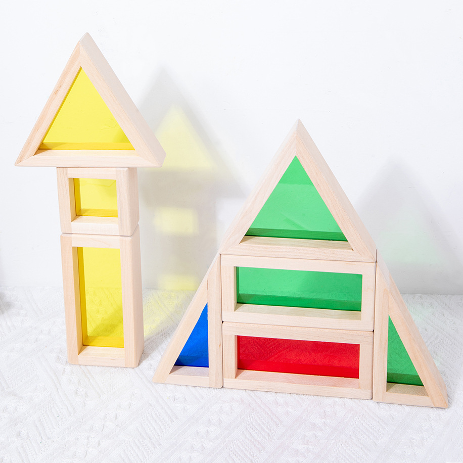 Madera sólida granular acrílica de madera para niños arcoíris bloques de construcción de bebés creativos para construir juguetes transparentes