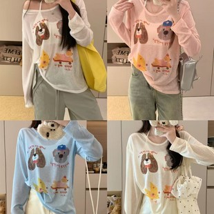 3618# Niche Age-reducing Cartoon Printed Long-sleeved T-shirt Women's Summer Lazy Loose Design Sunscreen Blouse Top