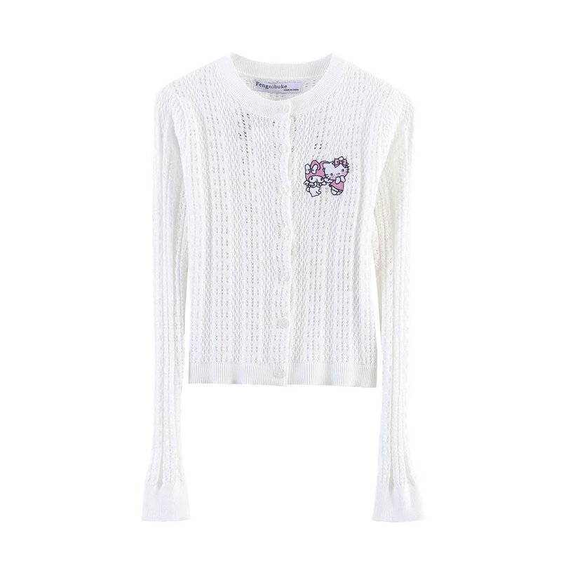2026 Spring New European and American Style White Hellokitty Embroidered Knit Cardigan for Women, Hollow-Out Thin Outerwear Top 2026 Spring New European and American Style White Hellokitty Embroidered Knit Cardigan for Women, Hollow-Out Thin Outerwear Top