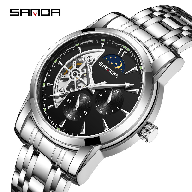 Sanda 7009 correa de acero para hombre reloj mecánico automático con 24 horas multifunción