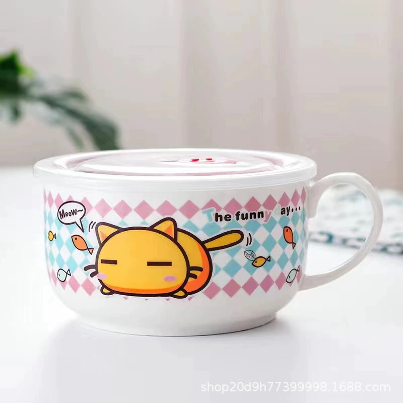 Microwave ceramic noodle bowl with lid and handle, 5.25″ and 6″, cute printed designs