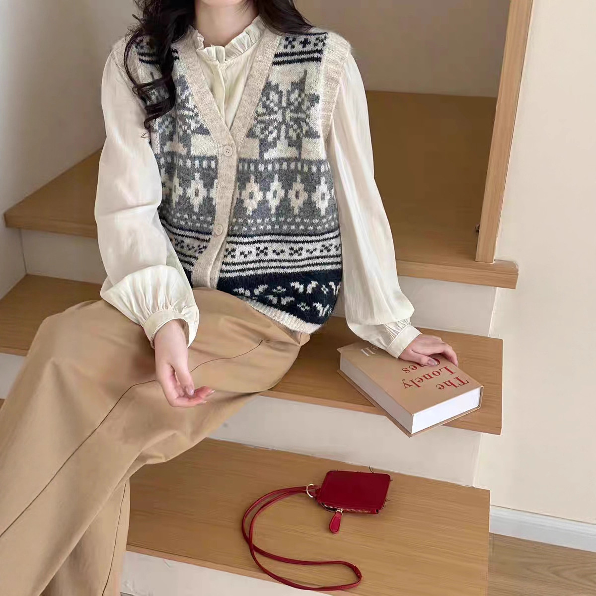 复古民族风提花针织开衫马甲女2025秋冬新款森系百搭毛衣背心外穿