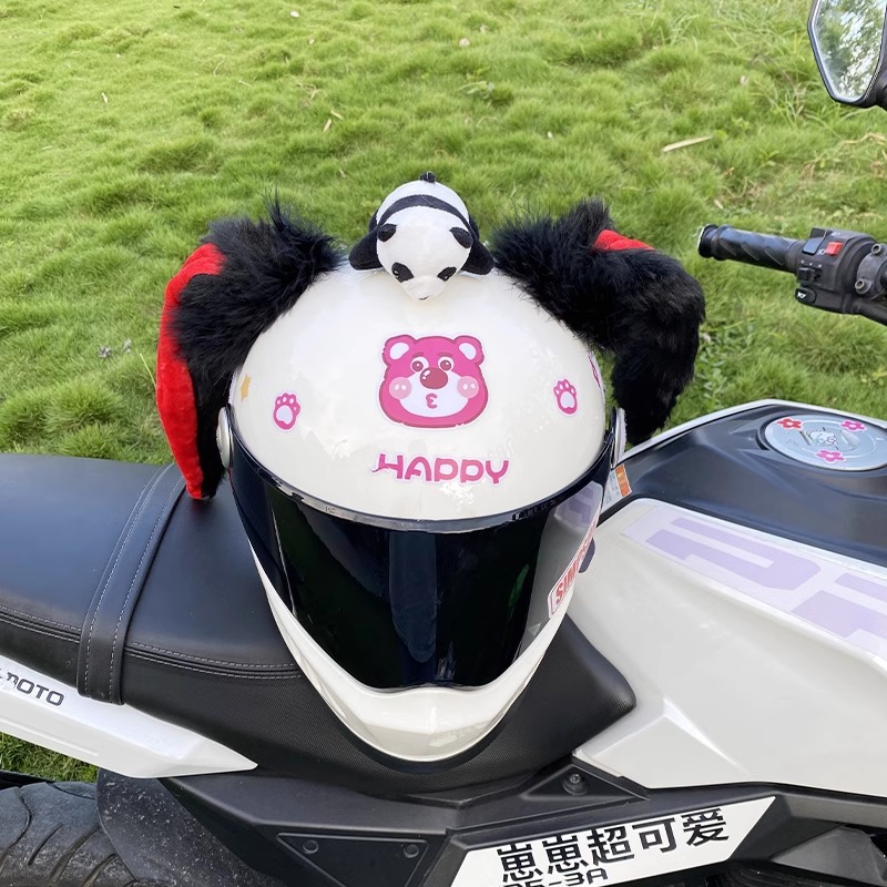 Universal Creative Black and Red Thick Fleece Lop-Eared Rabbit Helmet Decoration (Auto Parts and Accessories) - black-and-red-thick-fleece-lop-eared-rabbit-no-tail-no-panda-no-helmet
