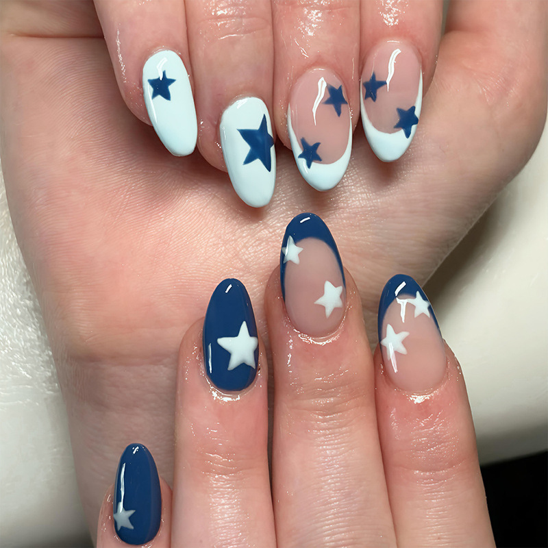 Star Nail Art Five-Pointed Star Fake Nails French Style Ins-Style Color-Blocking Blue Almond Nails Cross-Border Independence Day Press-On Nails