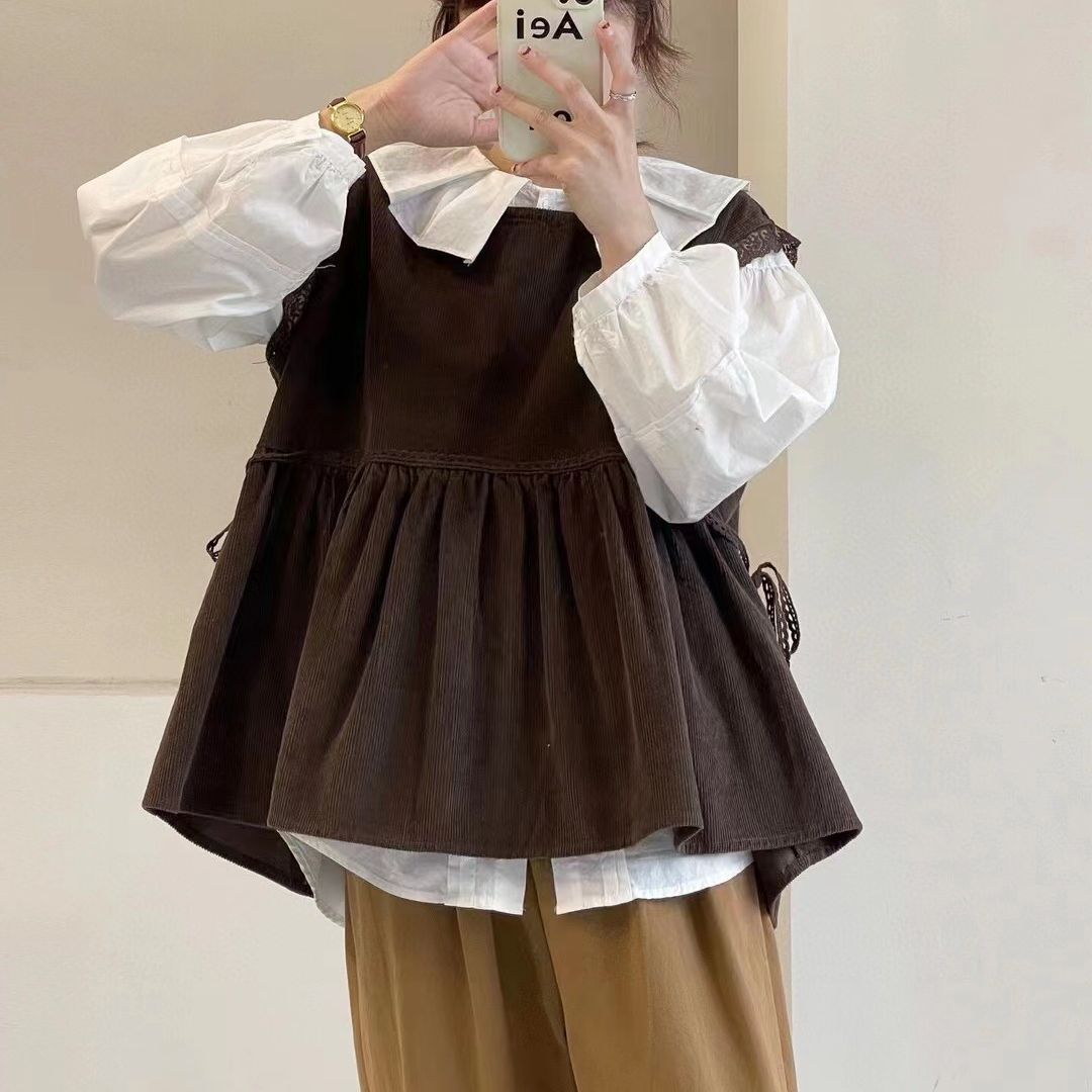 Japanese lace corduroy autumn vest sleevless