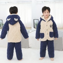 2014儿童睡衣三层夹棉冬季加厚法兰绒小中大童男童男孩家居服套装