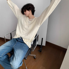 美式镂空深V设计长袖针织衫潮男夏季高级感痞帅T恤慵懒风男模上衣