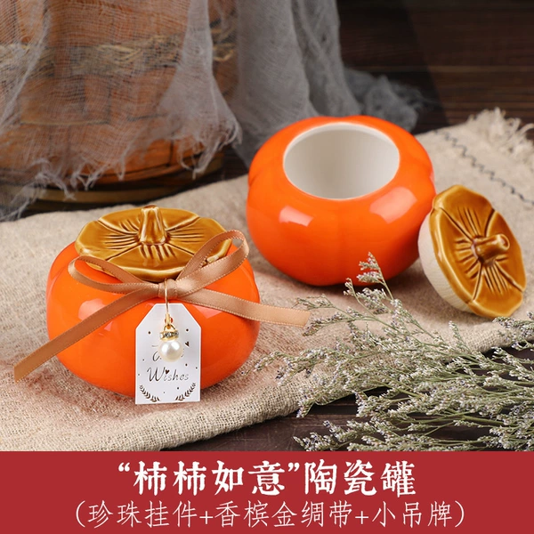 [Large] Ceramic Persimmon Jar-[Upgraded Version] Persimmon Ruyi+Pearl+Champagne Ribbon
