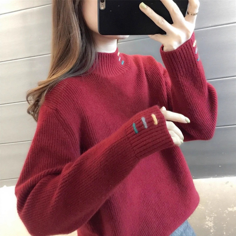半高领毛衣女秋冬2025年新款秋冬季韩版慵懒风纯色绣花针织打底衫|undefined